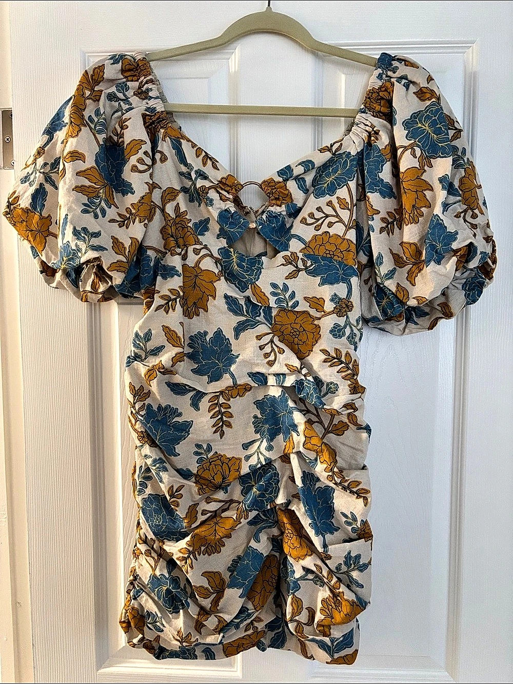 Amalie 100% Cotton Floral Puff Sleeve Mini Dress in White & Blue Size US 10
